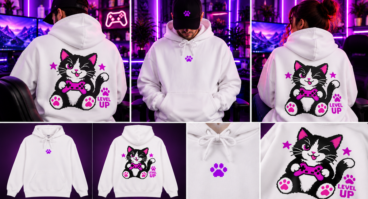 Level Up Gamer Cat Hoodie Back Printed