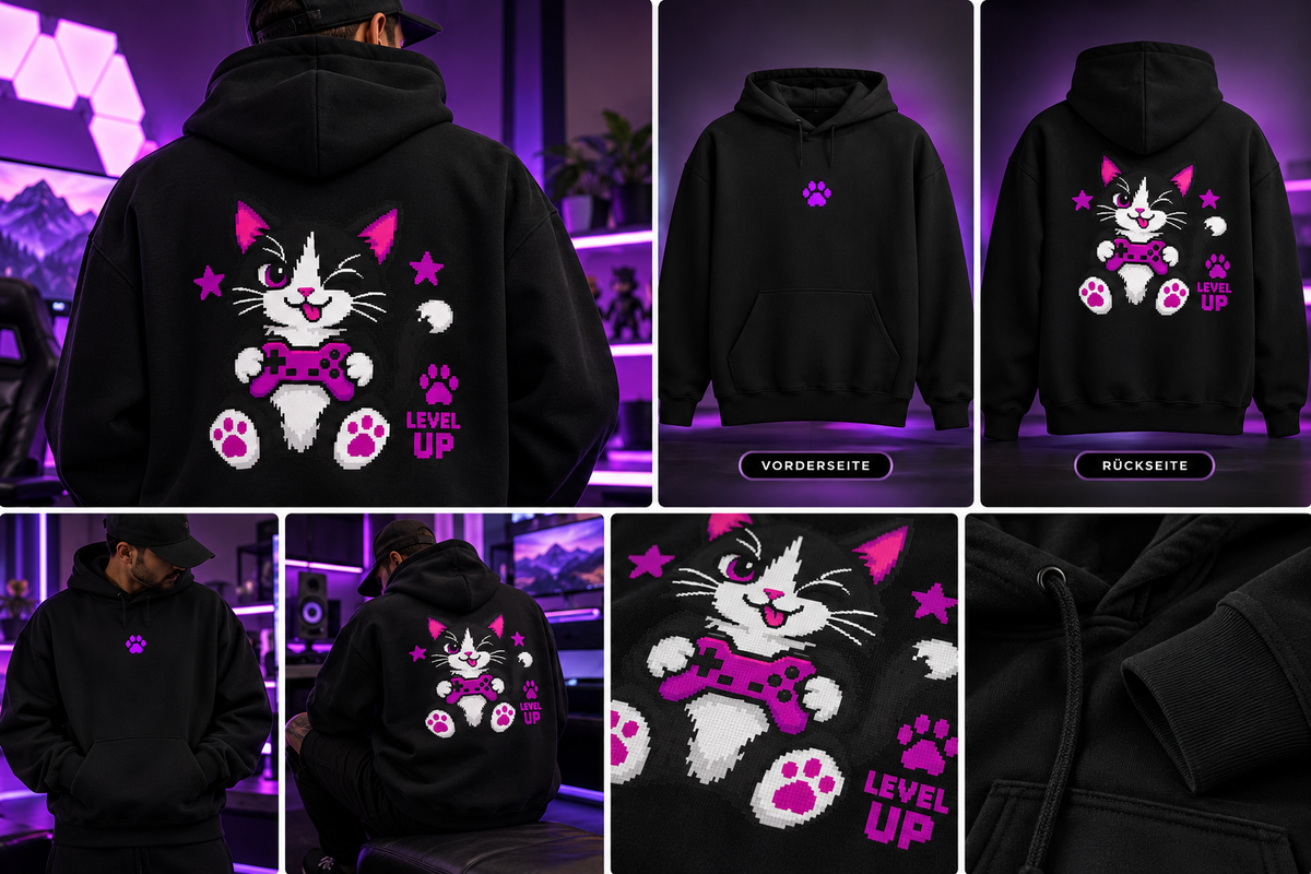 Level Up Gamer Cat Hoodie Back Printed