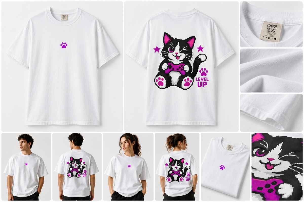 Level Up Cat Gaming T-Shirt Back Printed