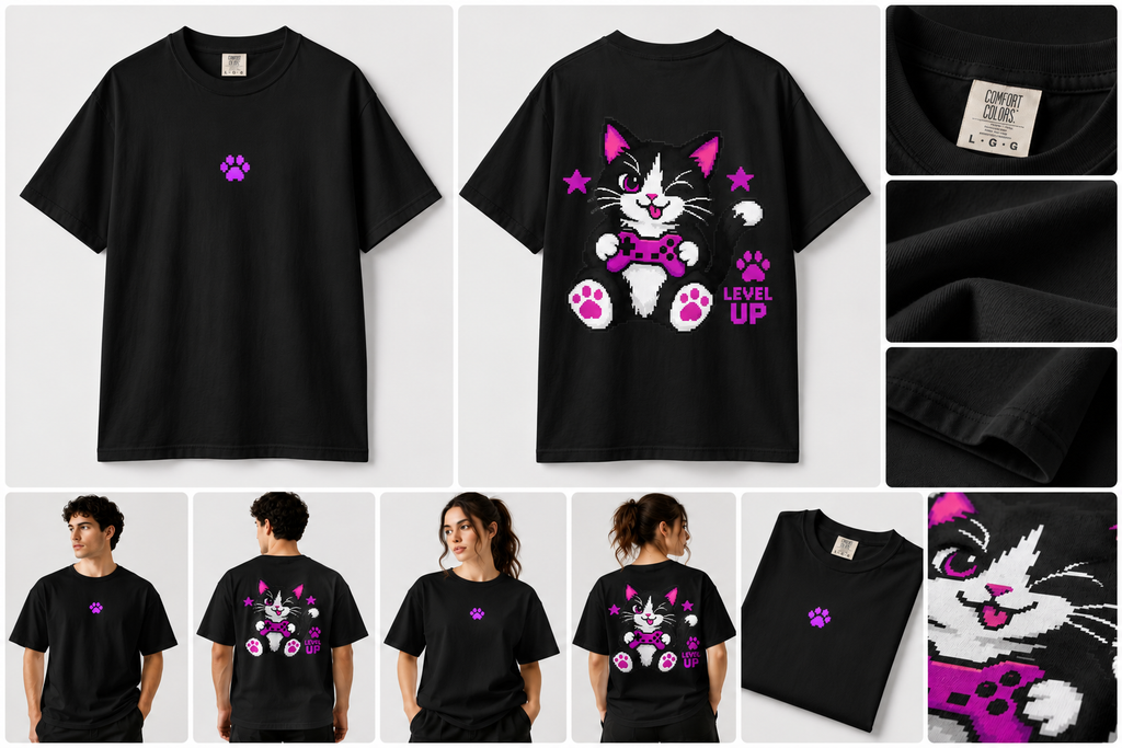 Level Up Cat Gaming T-Shirt Back Printed